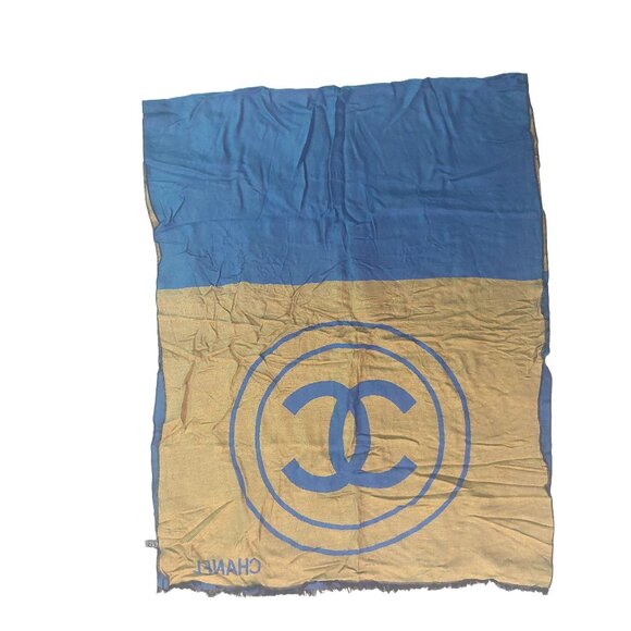 CHANEL Vintage Blue & Gold Reversible Color Block Wrap Shawl Scarf w/ CC Logo - Picture 3 of 5